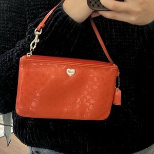 Y2K Coach Wristlet - Coral Orange Monogram with Heart Logo
